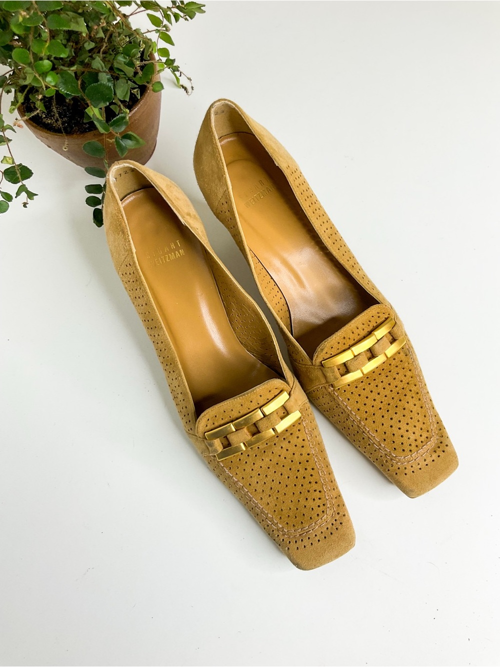 Stuart Weitzman Golden Tan Suede Perforated Square Pointed Loafers